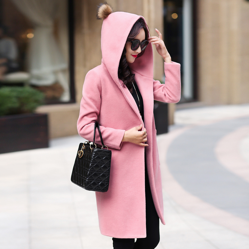 2015冬装新款韩版连帽中长款加厚羊毛呢子大衣女修身显瘦毛呢外套
