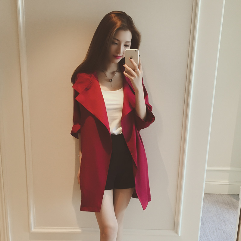2015秋季新品韩版宽松中长款外套大翻领七分袖风衣女式显瘦薄款潮