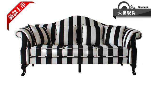 欧式新古典三人黑白条纹布艺沙发美式简约客厅样板房家具新款影楼