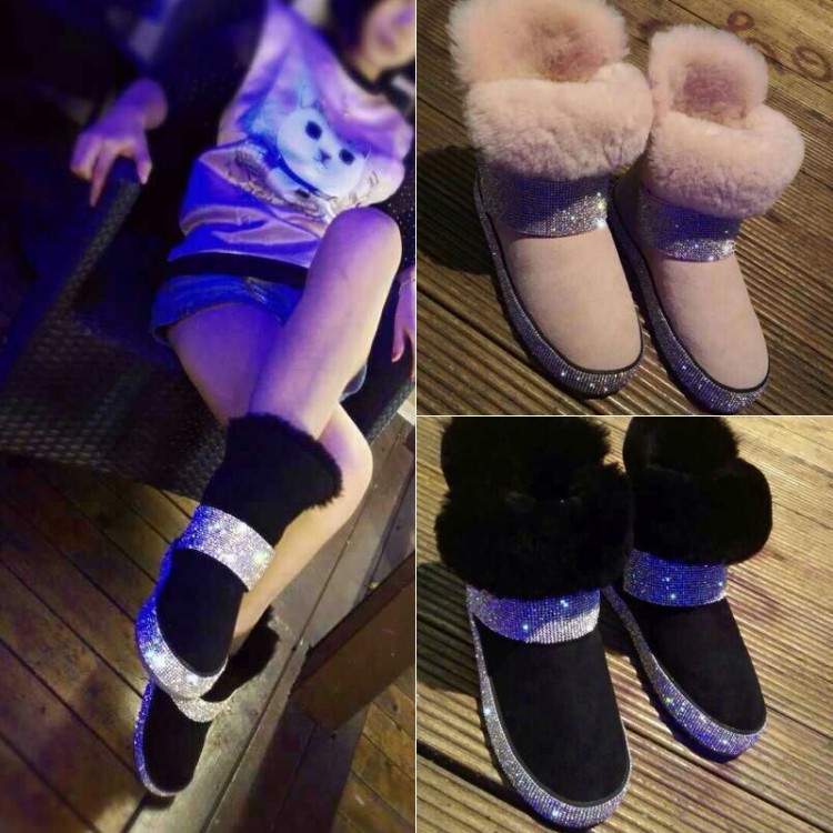 14冬季新款羊毛绒短筒雪地靴 平底跟水钻圆头复合纯色软面雪地靴