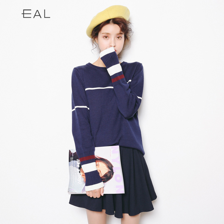 羽迹EAL2016秋冬季新款女装韩版条纹撞色女士长袖针织衫毛衣A135