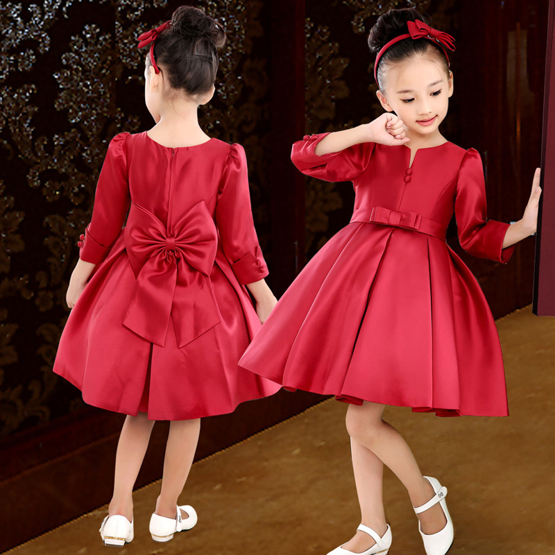 女童秋冬礼服裙红色长袖公主裙儿童主持人婚礼婚纱裙子花童演出服