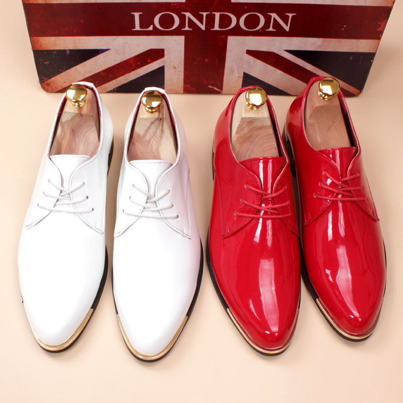 红色亮皮套脚时尚潮流休闲英伦风男士韩版漆皮布洛克尖头个性皮鞋