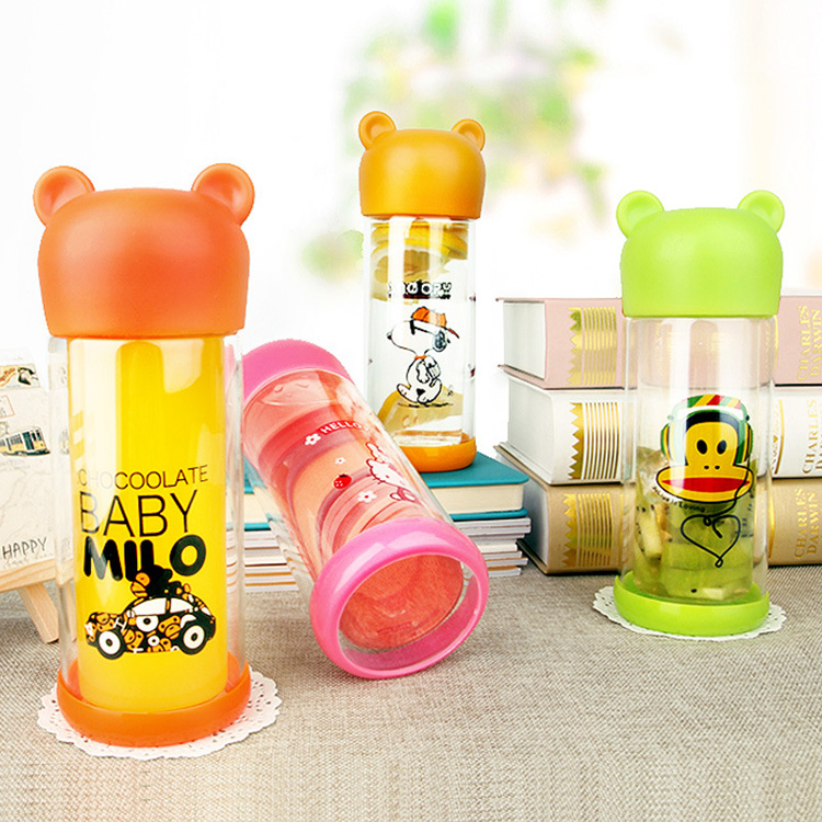韩国创意小熊双层玻璃杯夏季柠檬杯卡通KT猫带盖防烫便携随手水杯