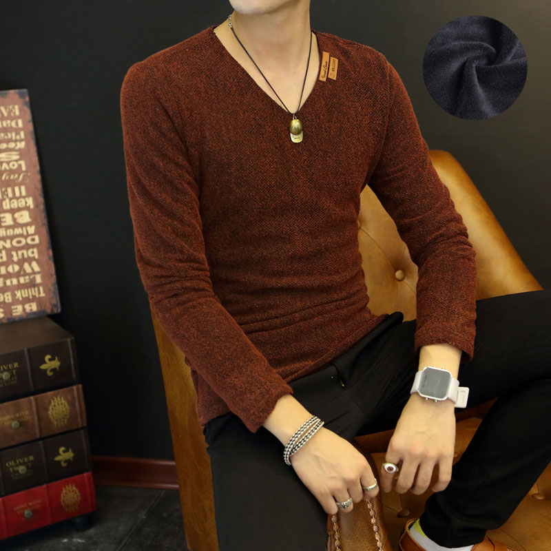 韩版修身V领体恤男士青少年学生加绒加厚保暖长袖t恤休闲打底衫棉