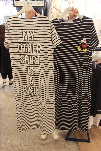 韩国代购2015夏季宽松大码超长款灰黑白条纹短袖t体恤裙女装纯棉