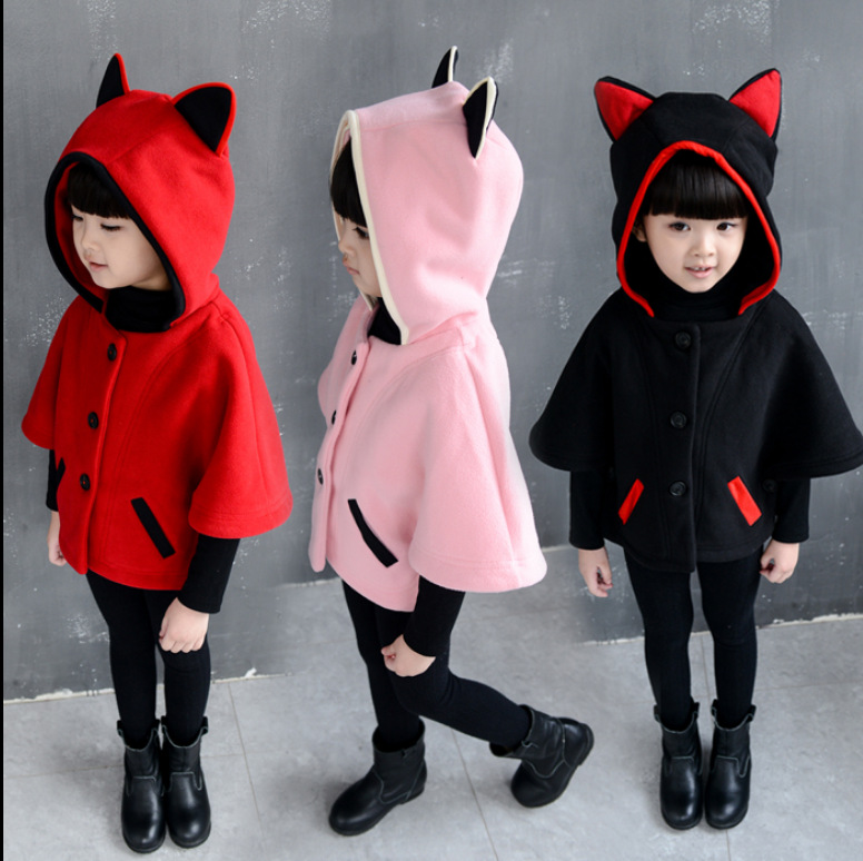 儿童斗篷外套秋冬款2015冬季女童立体耳朵蝙蝠袖红色斗篷上衣外套