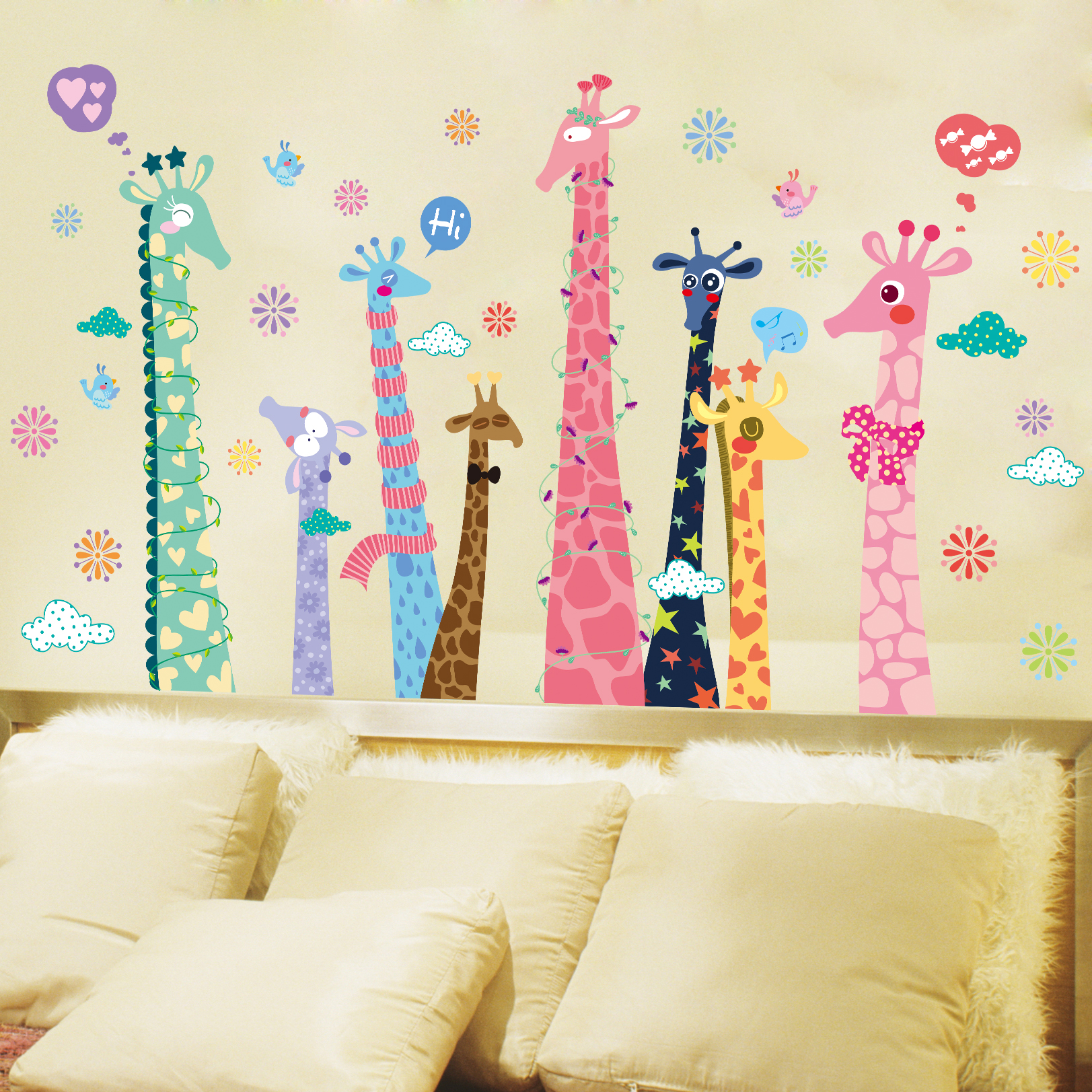 大型贴花可爱花样长颈鹿 卡通宝宝儿童房间背景布置可移除墙贴画
