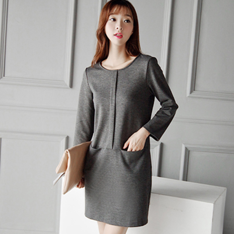 2015韩版女装新款一步裙包臀修身圆领长袖连衣裙纯色简约打底裙子