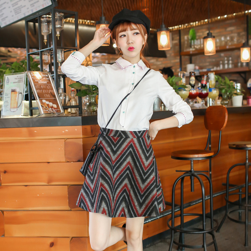 2015新款韩版条纹高腰半身裙 修身显瘦呢子裙 冬装毛呢蓬蓬裙 女