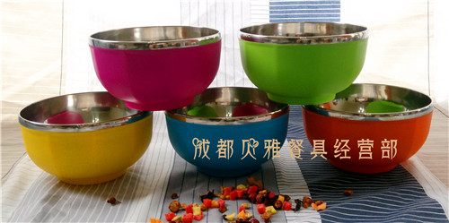 特价不锈钢彩色碗儿童碗防烫隔热双层碗韩式米饭碗泡面碗5个包邮