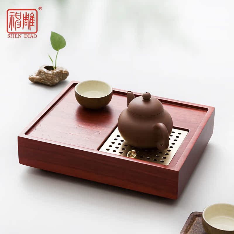 神雕干泡茶盘印度红花梨木整块实木茶海小茶台功夫茶具储水茶托盘