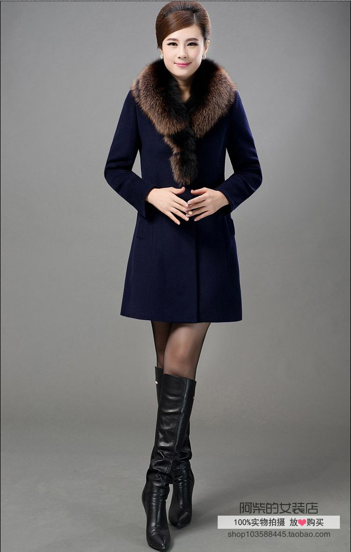 2015冬季新款中长款羊绒狐狸毛领大衣大码琳姿杰1521厂家促销