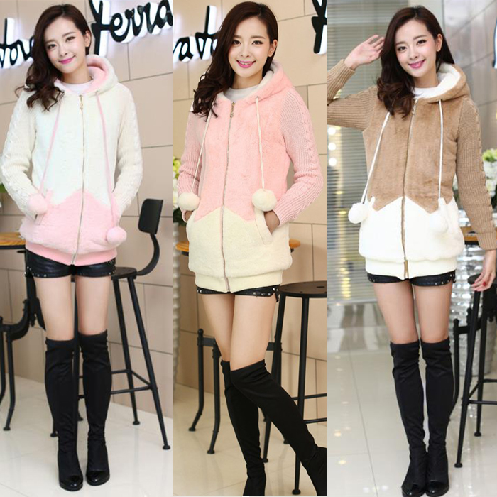 2015秋冬新款时尚韩版甜美可爱毛绒绒针织长袖大衣加厚带帽外套女