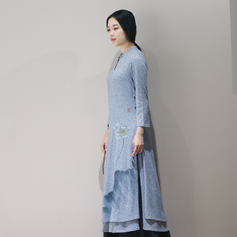 中式禅意连衣裙禅茶香道仙女范清新文艺复古原创手绘针织连衣裙