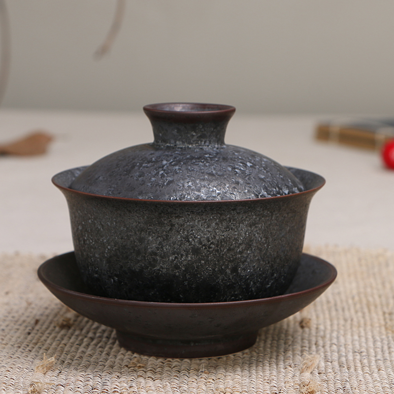 创意黑色盖碗陶瓷功夫茶具结晶釉三才碗仿古茶道泡茶器敬茶杯茶碗