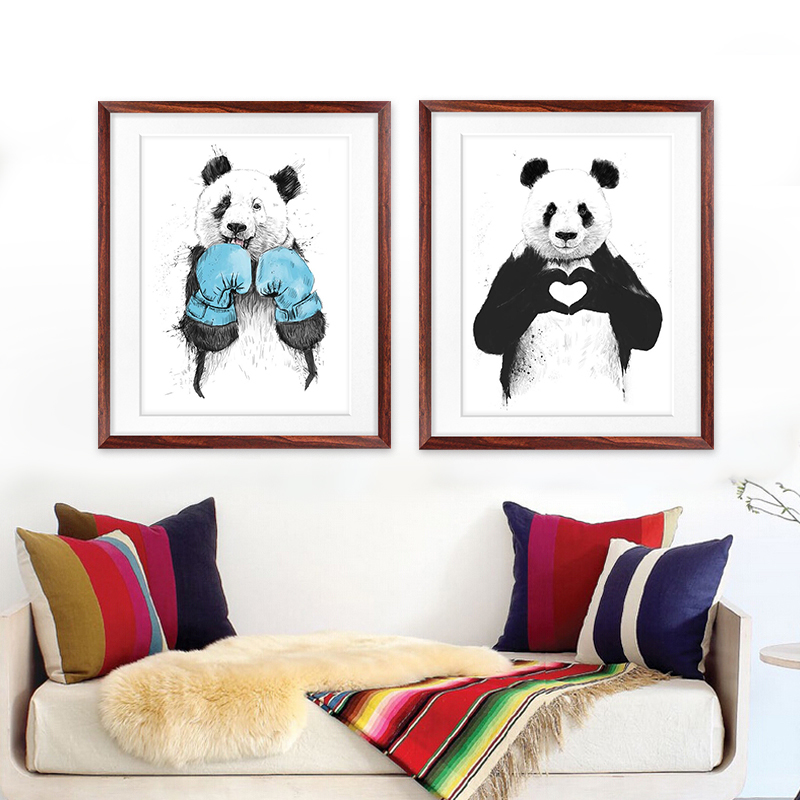 现代简约熊猫壁画客厅装饰画卧室书房个性挂画儿童房三联有框墙画