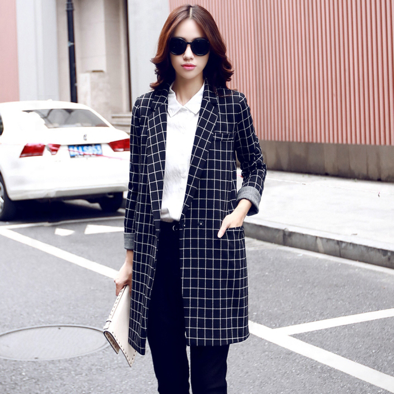 2015秋冬季新款 韩版修身时尚中长款外套女 长袖格子风衣女加厚