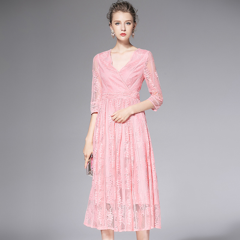 欧洲站大牌2016装新款V领镂空蕾丝连衣裙优雅纯色大摆裙