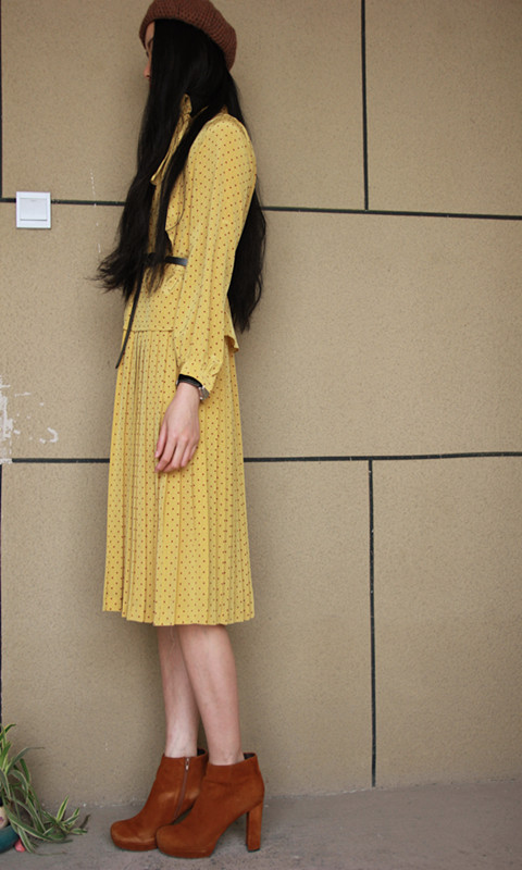 古着vintage复古精品日本产超美黄色小波点假两件式复古连衣裙
