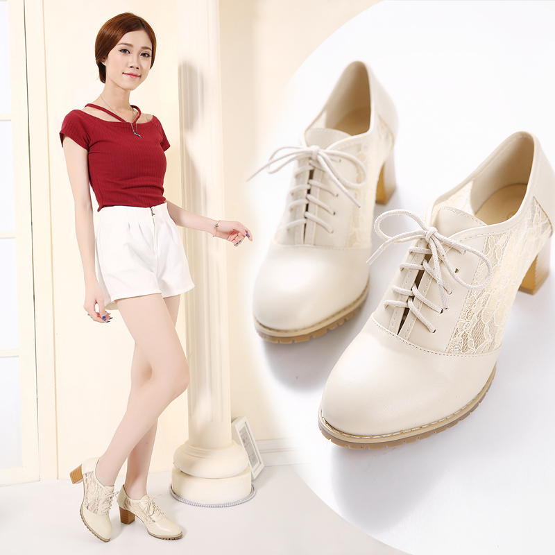 2015春秋新款韩版高跟粗跟单鞋系带圆头小白鞋罗马风学生鞋女