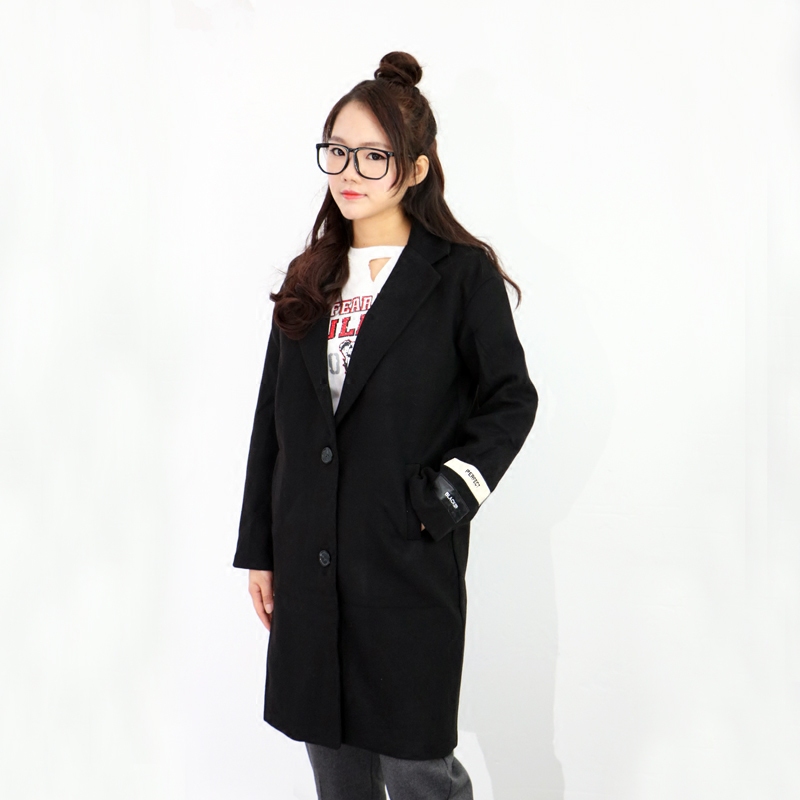 2016秋冬新款韩版字母刺绣中长款毛呢外套女修身显瘦黑色呢子大衣