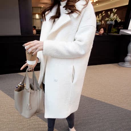 韩国代购秋新款韩版大翻领毛呢外套女中长款白色显瘦羊绒呢子大衣