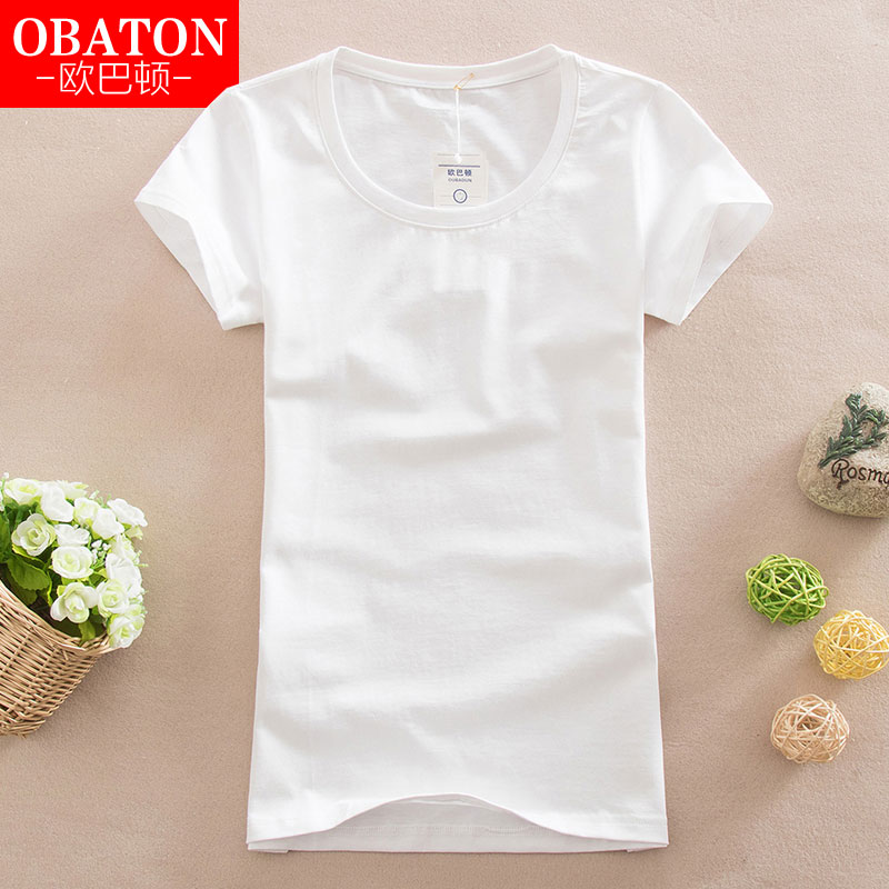 欧巴顿韩版白色t恤女夏短袖修身圆领紧身纯棉半袖大码纯色打底衫