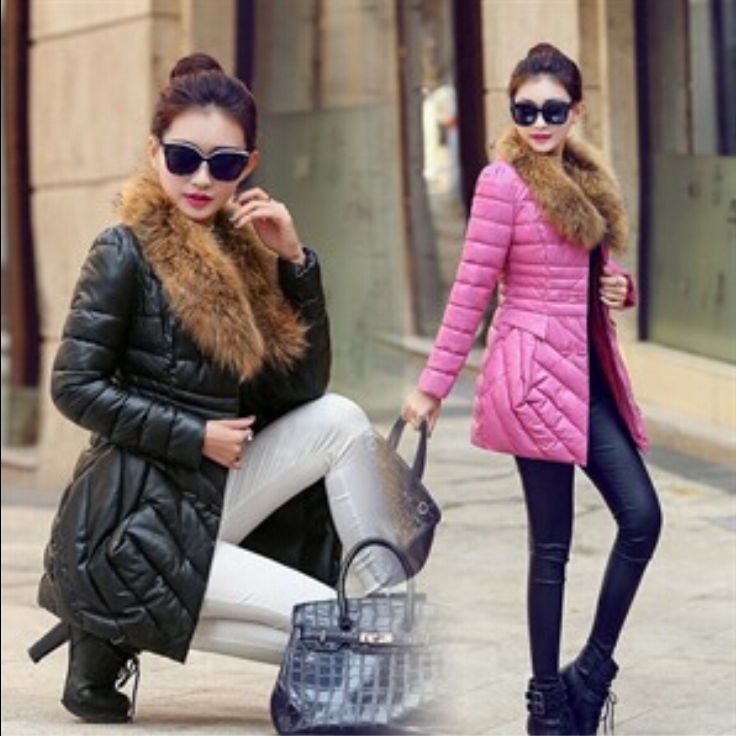 2015冬装新款韩版显瘦时尚真毛领pu皮衣大码外套中长款羽绒棉服女