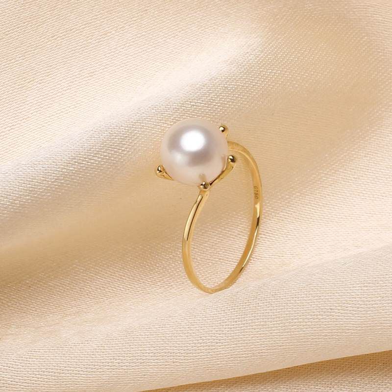 8-9MM天然AKOYA日本海水珍珠戒指指环 18K黄金正圆极光