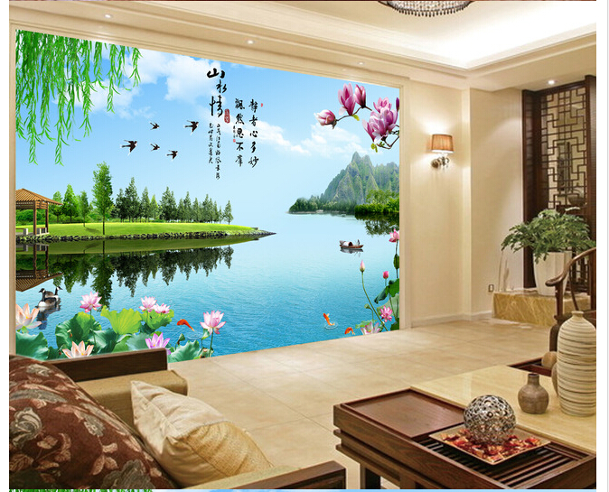 3D大型山水情立体背景墙壁画客厅沙发电视无纺布5D壁纸现代中式