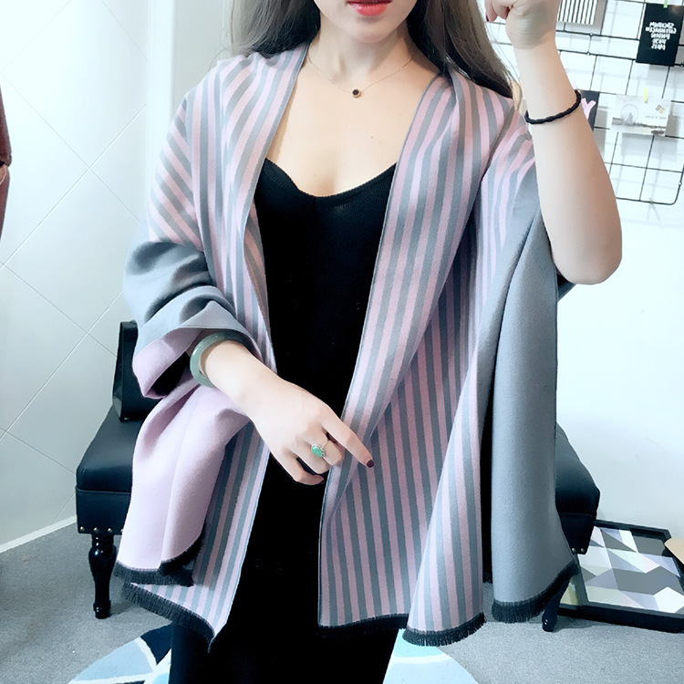 2016秋冬新款韩版女士气质围巾羊绒拉毛空调披肩双面两用条纹加厚