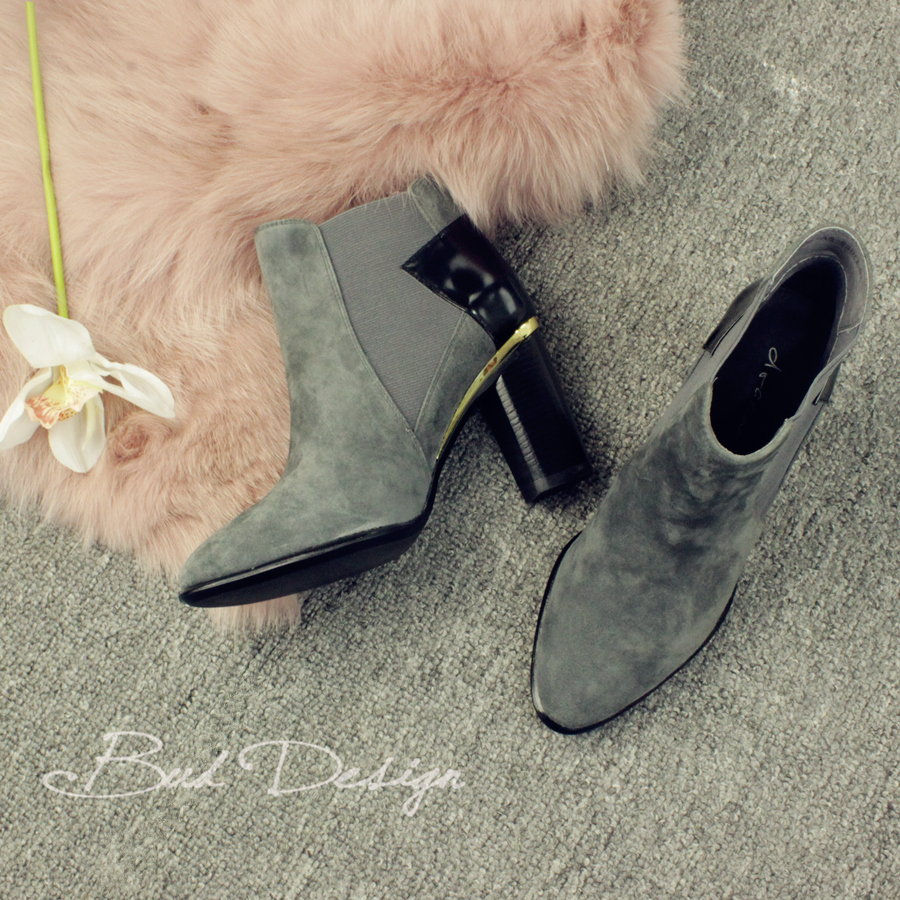 2015秋冬新款灰色羊琼拼接及踝靴真皮女靴子中跟粗跟切尔西靴子
