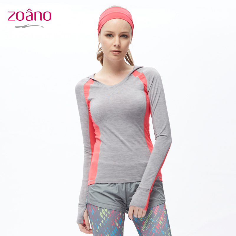 zoano佐纳 春季跑步运动长袖T恤女紧身连帽卫衣瑜伽服上衣女