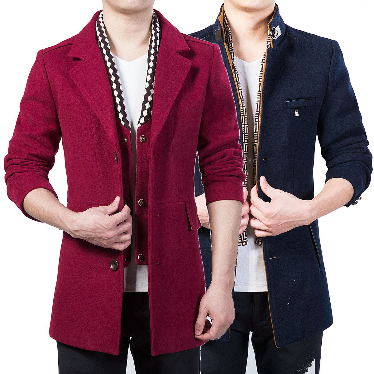 秋冬季青年男士风衣中长款毛呢子大衣韩版修身型商务加厚大码外套