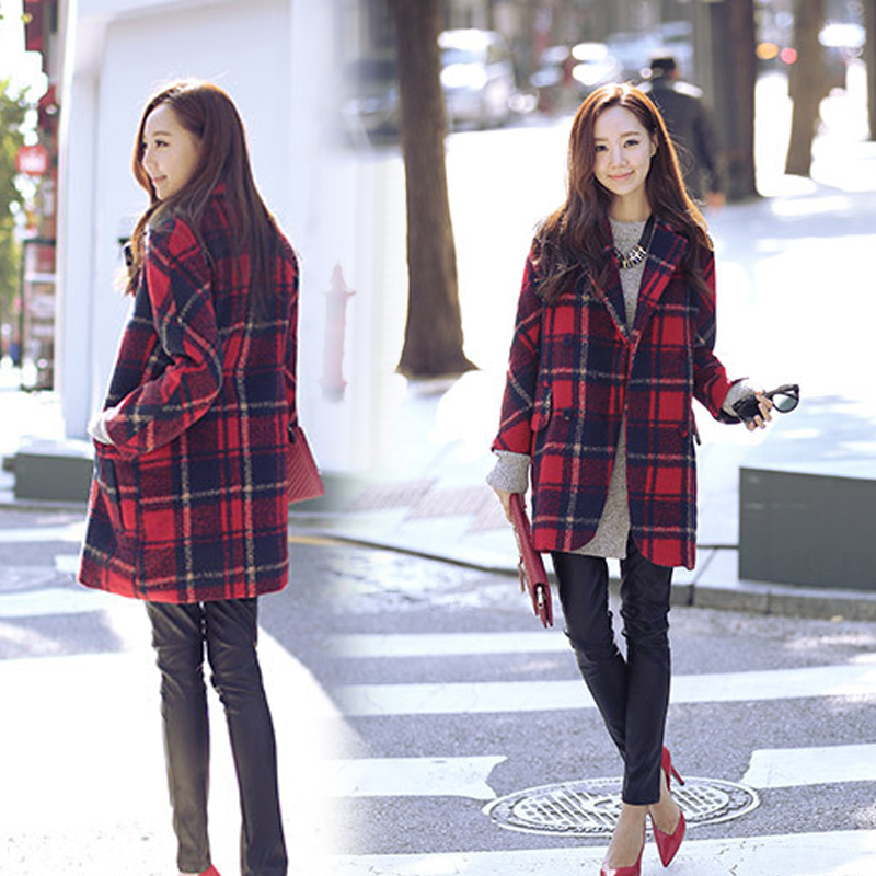 冬装女韩版红黑格子中长款毛呢外套双排扣西装领子英伦加厚大衣OL