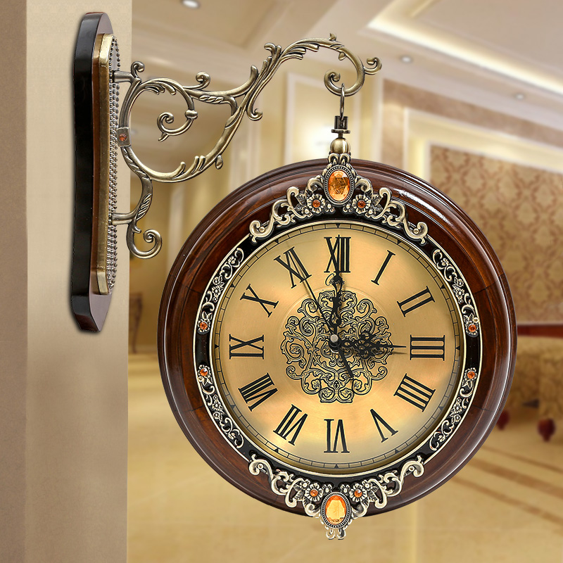 康巴丝双面挂钟客厅钟表欧式实木静音餐厅现代简约新款美式墙时钟