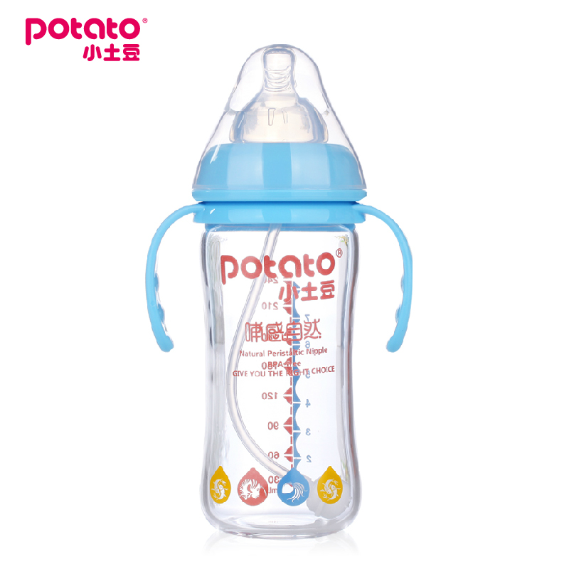 小土豆新生儿宽口玻璃奶瓶 带手柄吸管 宝宝防胀气婴儿大奶瓶包邮