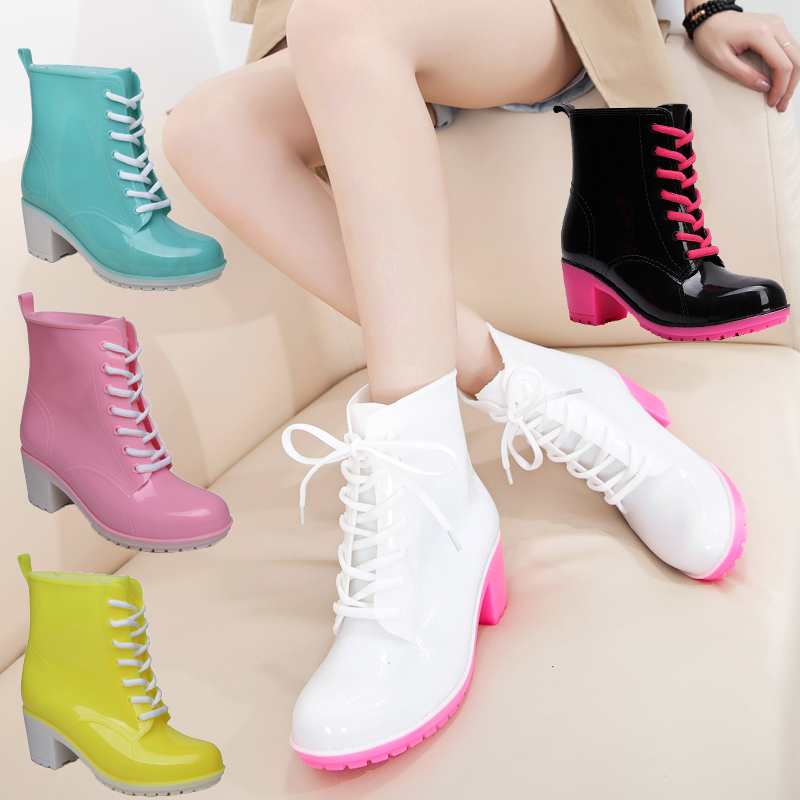 新款韩版潮纯色马丁雨鞋女高跟套鞋时尚短筒果冻春夏雨靴防滑水鞋