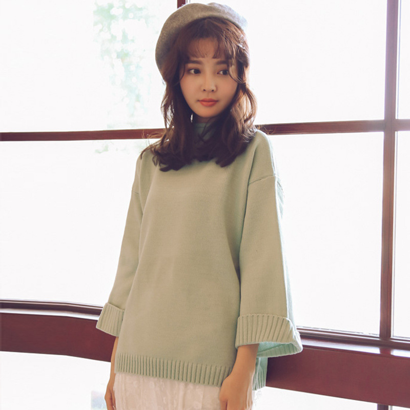 韩版学生纯色半高领宽松毛衣女韩国东大门套头羊毛衫大袖口女