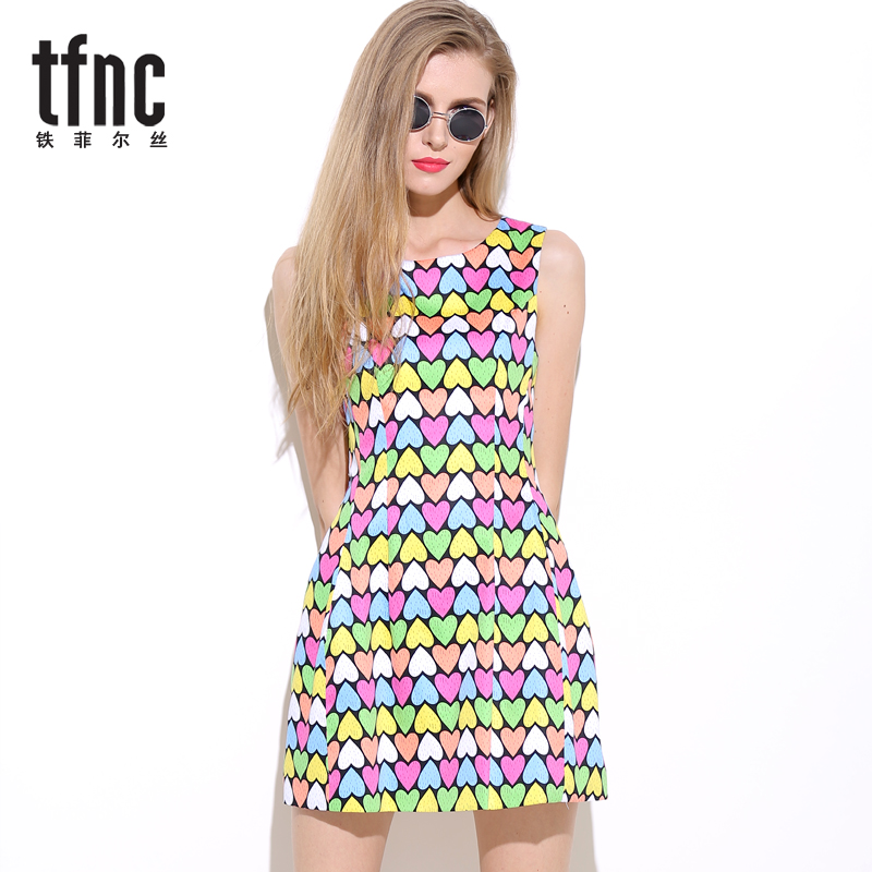 TFNC背心裙2015夏新款复古印花高腰修身显瘦无袖彩色爱心形连衣裙