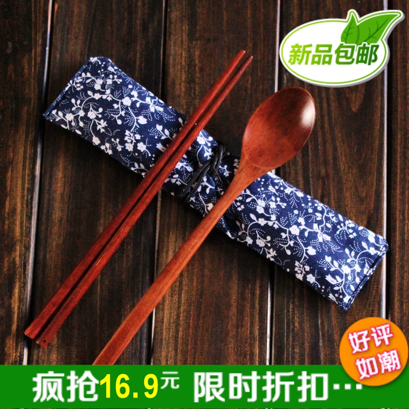 促销日式碎花小清新木质木制餐具便携套装筷勺两件套礼品原木无漆