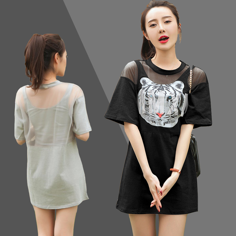 2015年新款宽松圆领中长款印花字母短袖t恤女 夏两件套韩版潮女装