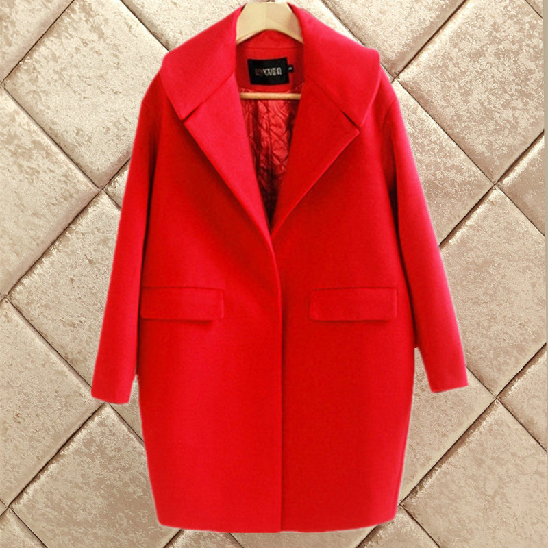2015秋冬新品韩版时尚大码茧型羊毛呢外套女加厚红色呢大衣中长款