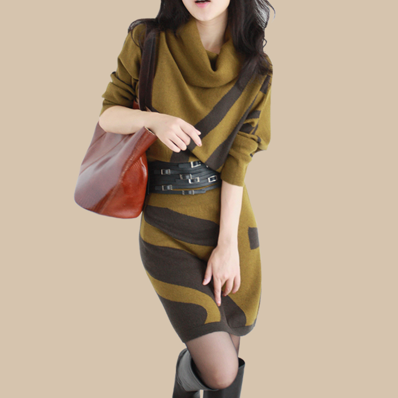2015春季新款条纹长袖大码女装毛衣裙加厚羊毛针织连衣裙包臀裙