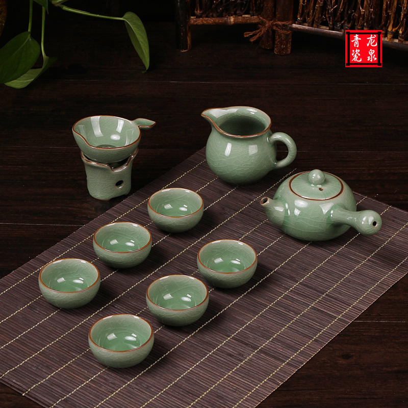 龙泉青瓷茶具套装陶瓷功夫茶具整套哥弟窑韩式长把茶具高档礼盒装