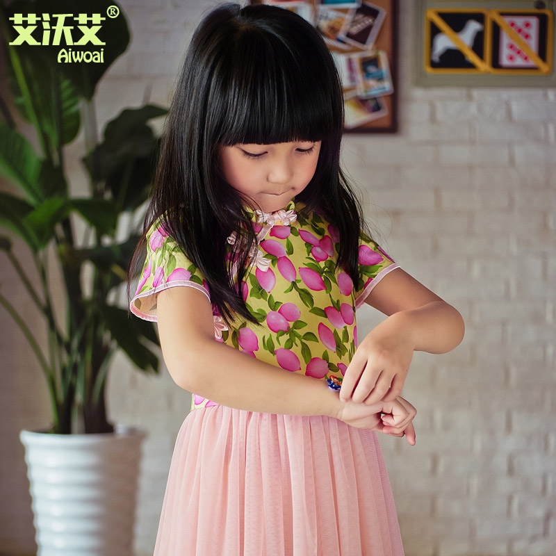 艾沃艾2015新款儿童旗袍女童短袖夏连衣裙网纱裙子
