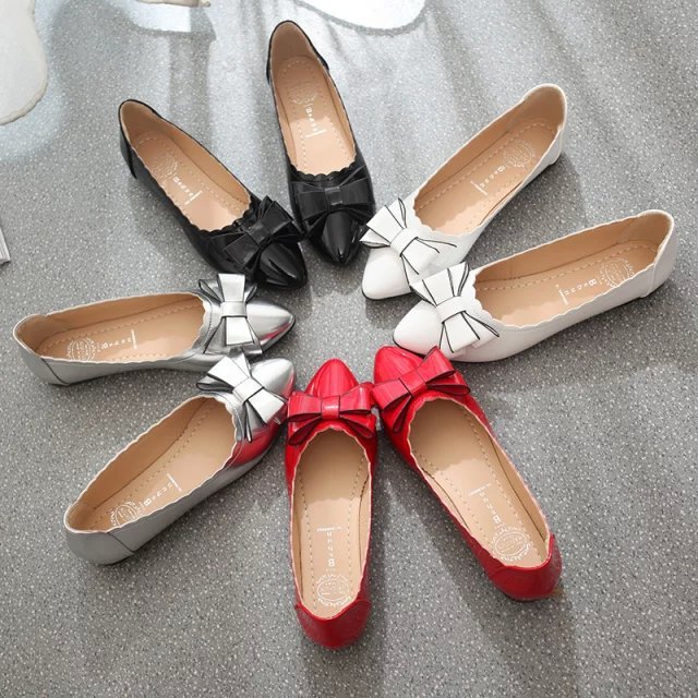 2015新款韩版蝴蝶结尖头平底单鞋女漆皮浅口低跟工作鞋红色伴娘鞋