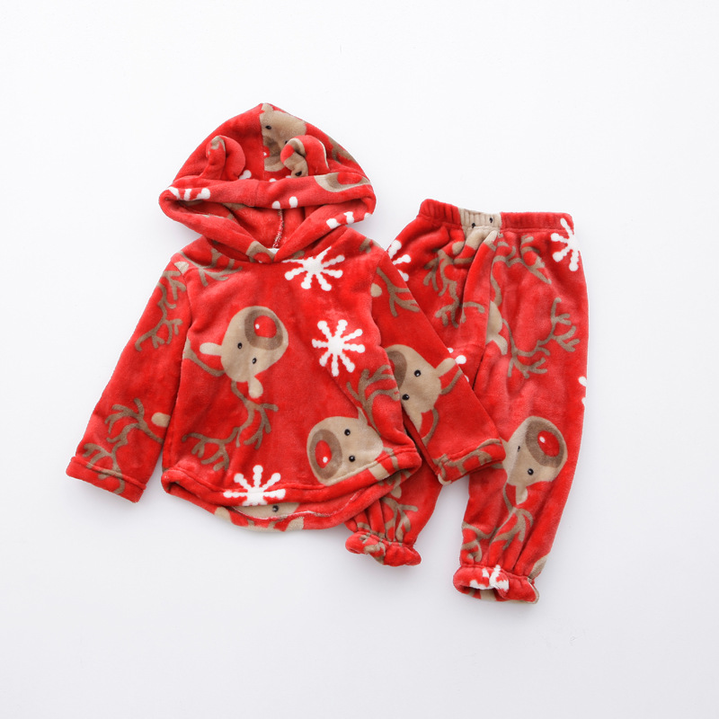 亏本 圣诞款 女童宝宝麋鹿法兰绒家居服套装儿童睡衣两件套