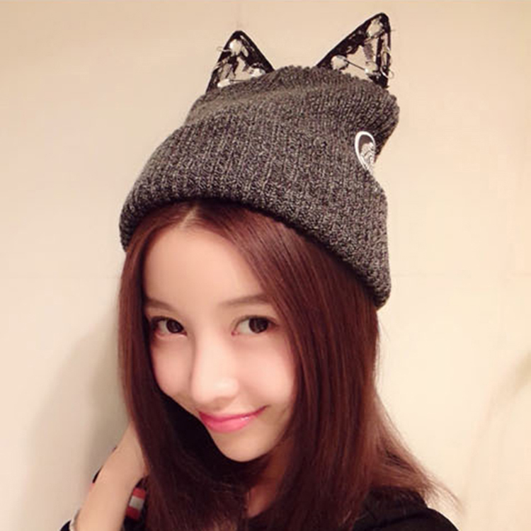 帽子女冬天新款韩国版可爱猫耳朵毛线帽秋冬季双层加厚保暖针织帽